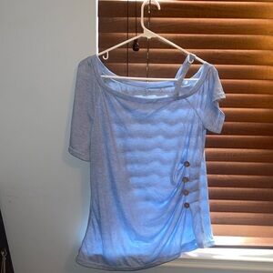 Baby blue off the shoulder top with three Faux buttons on the side